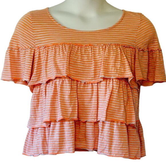 Anthropologie Postmark Tiered Ruffled Top Iridescent Orange and Grey Stripe  L - Picture 1 of 8